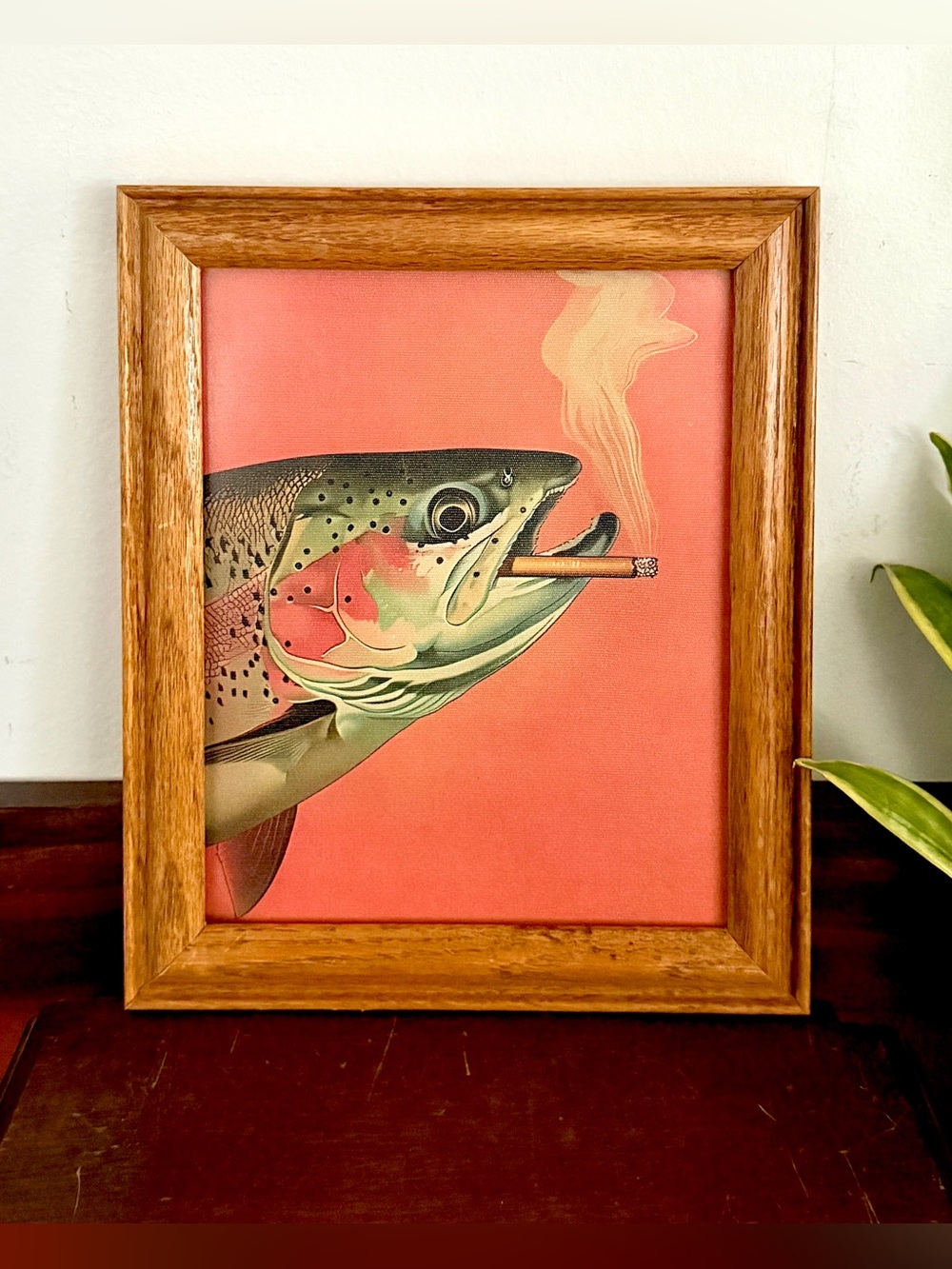 Trout Fish Smoking a Cigarette Vintage Style Canvas Wall Art Print Wood Framed